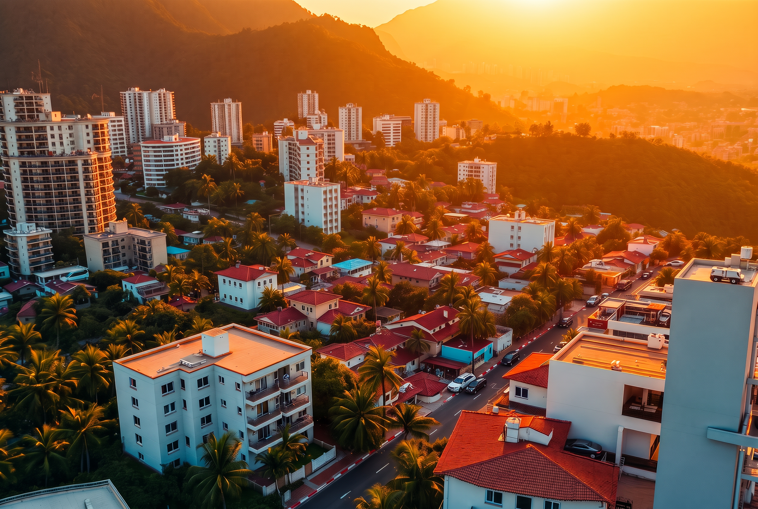 Ciudad latinoamericana al atardecer